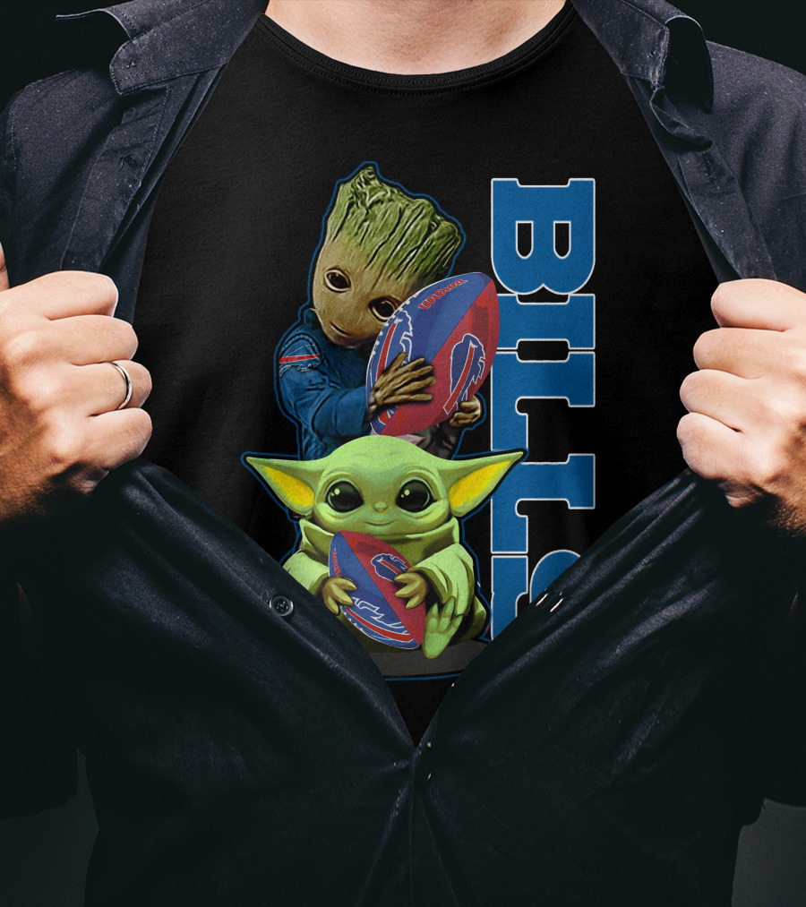Grzd Buffalo Bills Baby Groot And Baby Yoda Football T-Shirt
