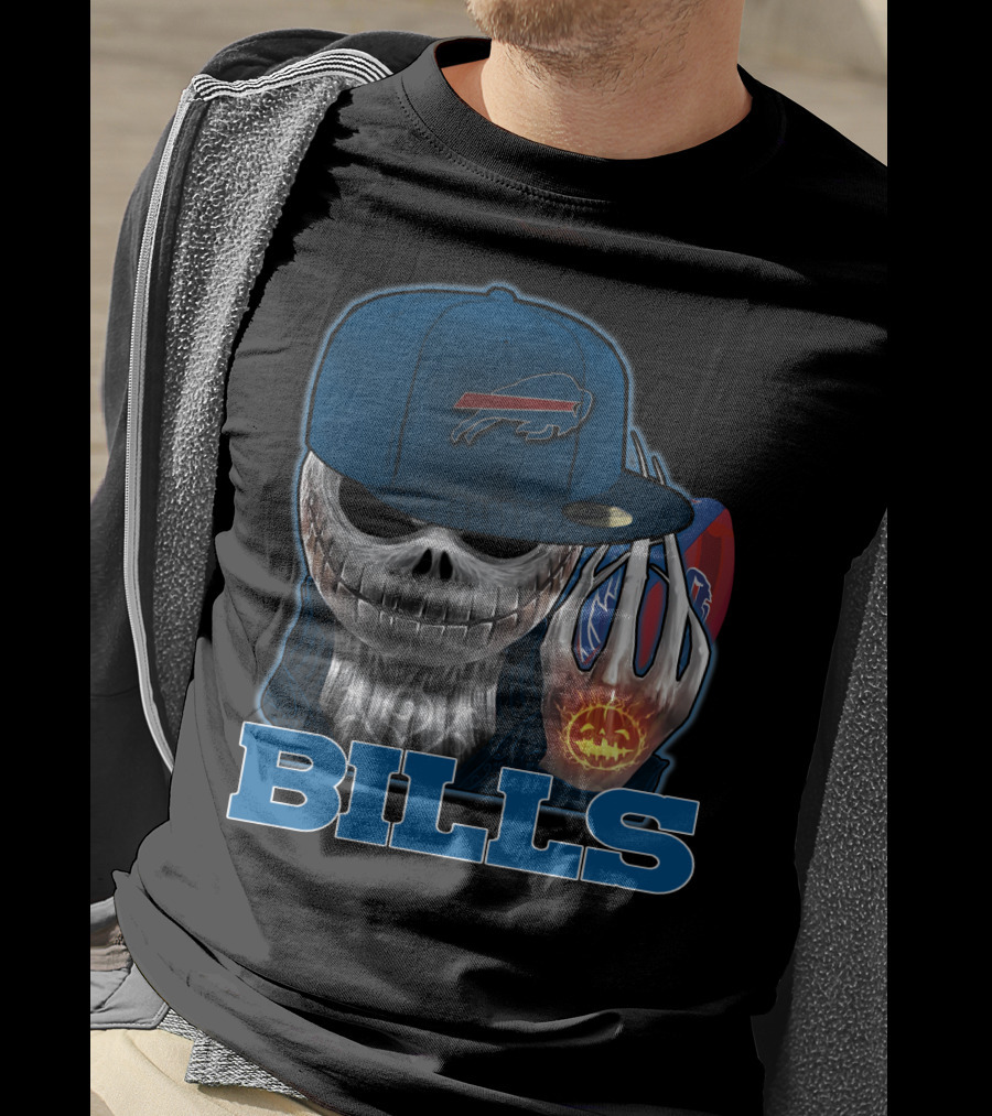 Buffalo Bills Halloween Skull With Pumpkin And Cap T-Shirt
