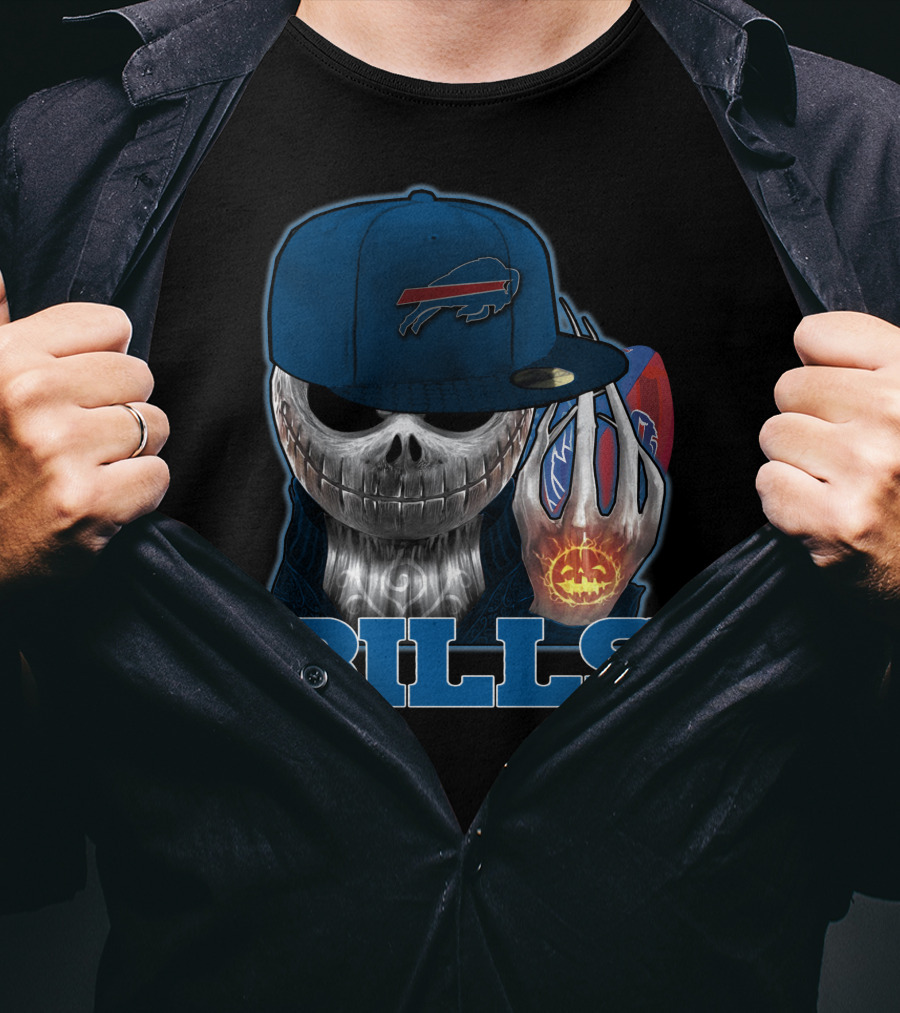 Buffalo Bills Halloween Skull With Pumpkin And Cap T-Shirt