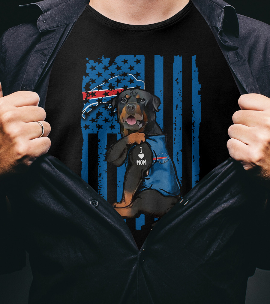 Buffalo Bills Rottweiler I Love Mom With USA Flag T-Shirt