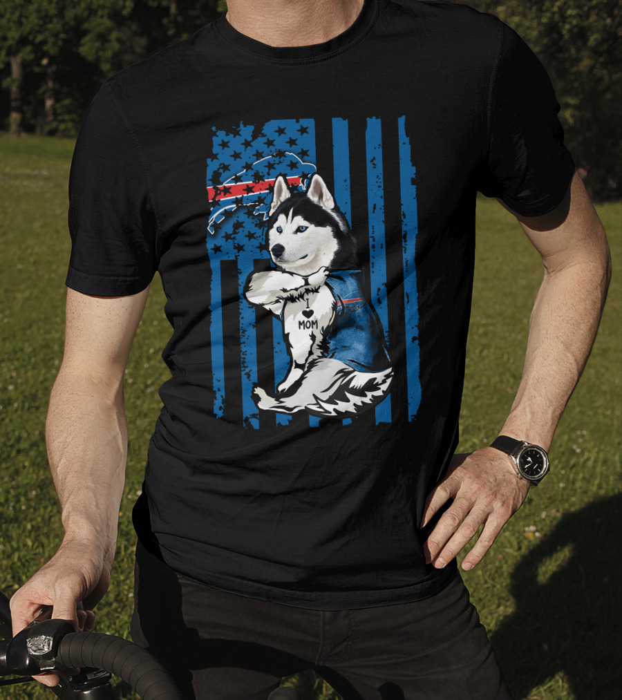 Siberian Husky Mom Buffalo Bills Blue Stars American Flag T-Shirt