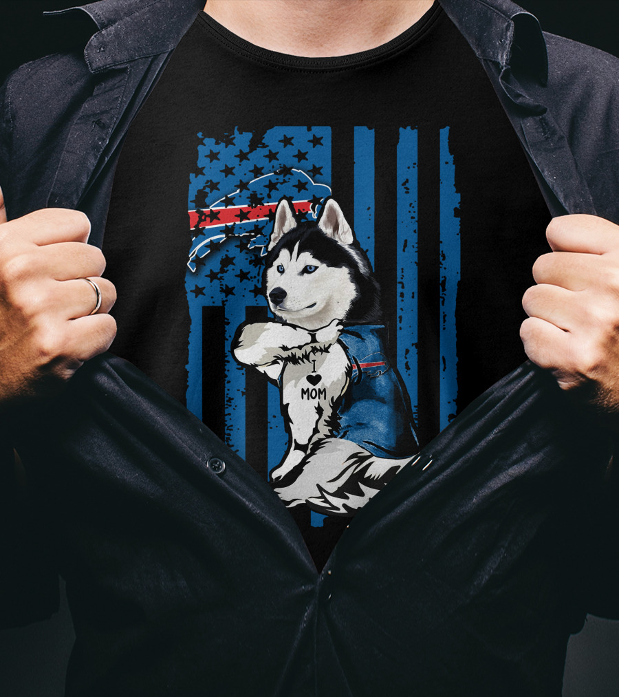 Siberian Husky Mom Buffalo Bills Blue Stars American Flag T-Shirt