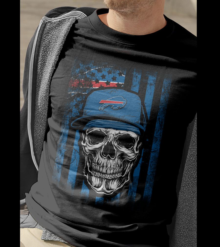 Buffalo Bills Skull With Cap American Flag Background T-Shirt