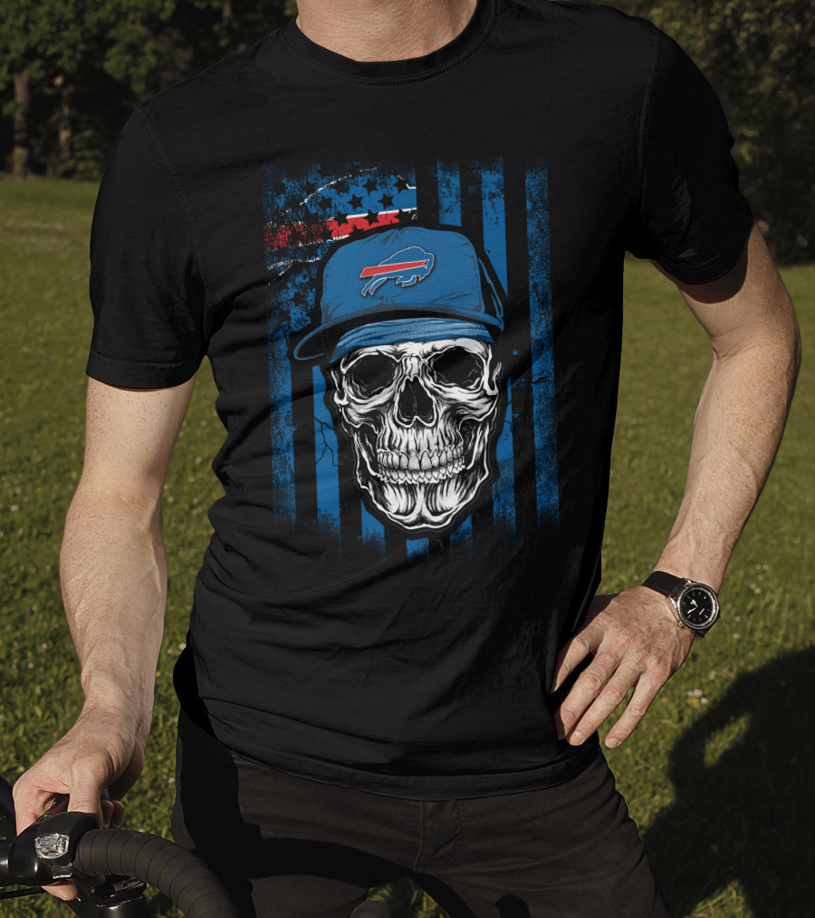 Buffalo Bills Skull With Cap American Flag Background T-Shirt