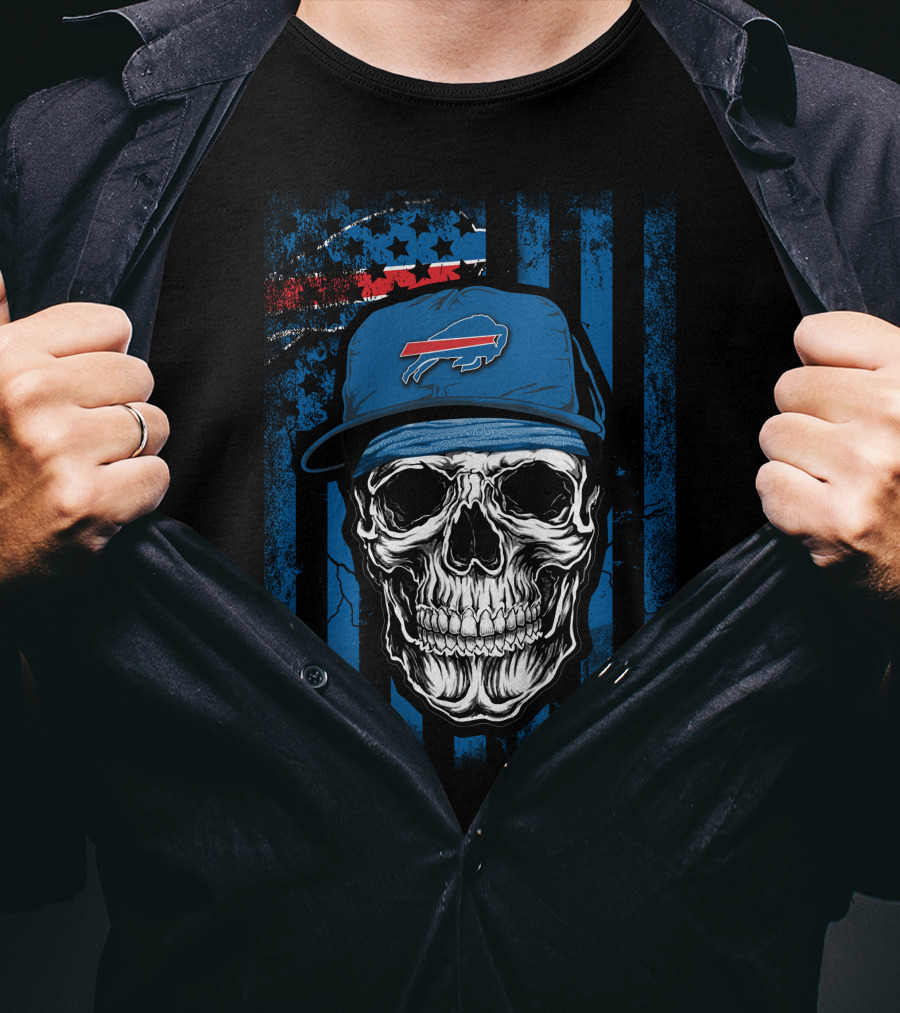 Buffalo Bills Skull With Cap American Flag Background T-Shirt