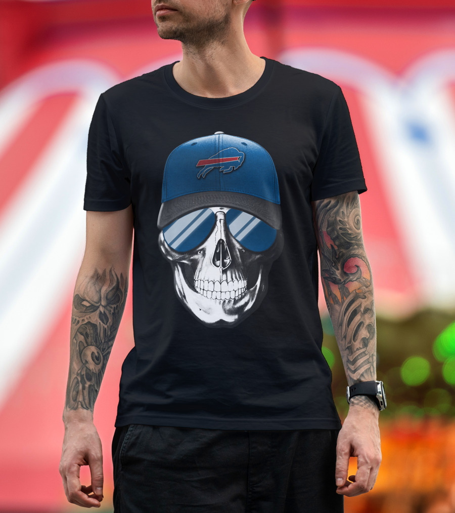 Buffalo Bills Skull with Blue Cap and Sunglasses Iconic T-Shirt