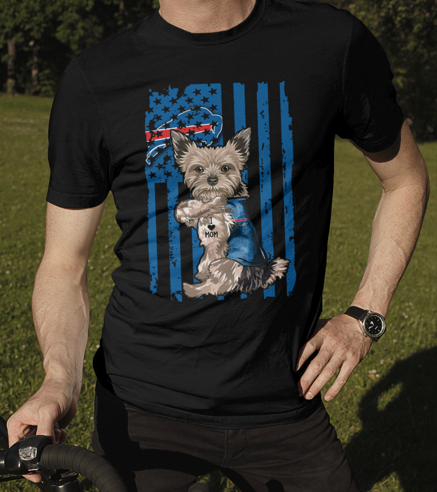 Yorkshire Terrier With I Love Mom Vest And Buffalo Bills Logo On American Flag Background T-Shirt