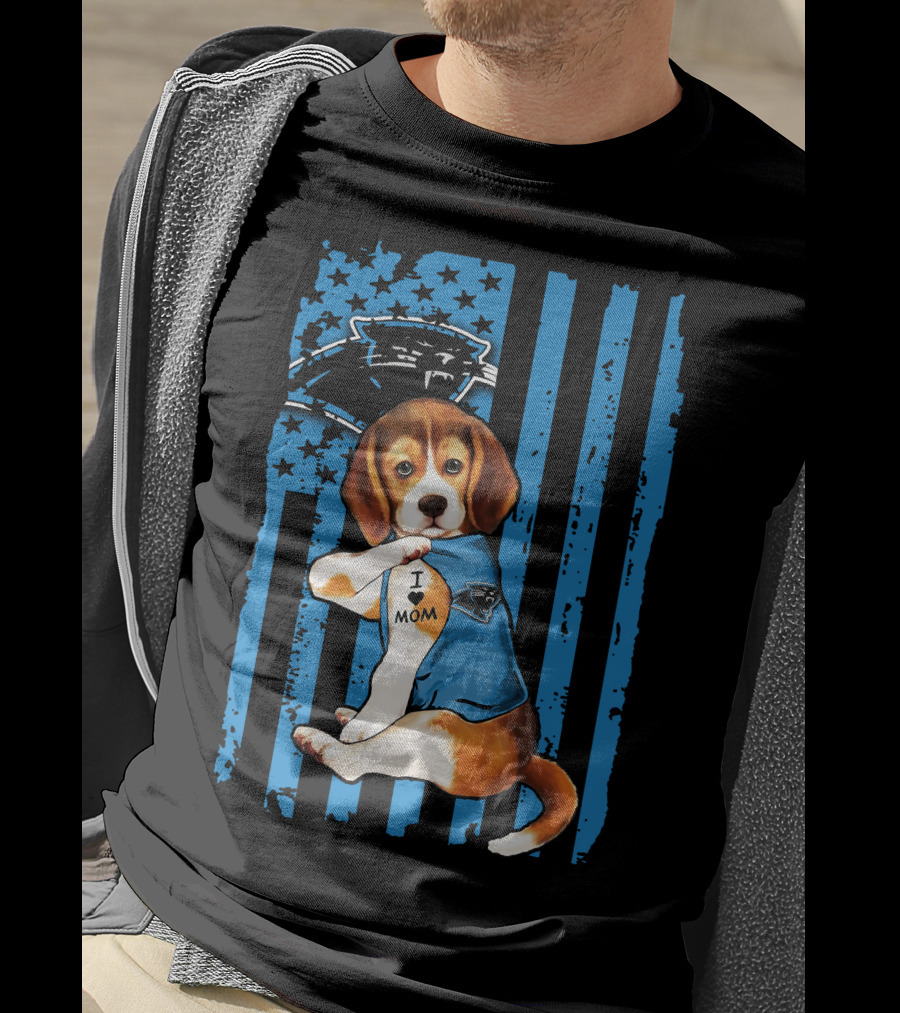 Beagle Carolina Panthers I Love Mom Tattoo American Flag T-Shirt