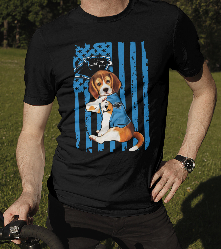Beagle Carolina Panthers I Love Mom Tattoo American Flag T-Shirt