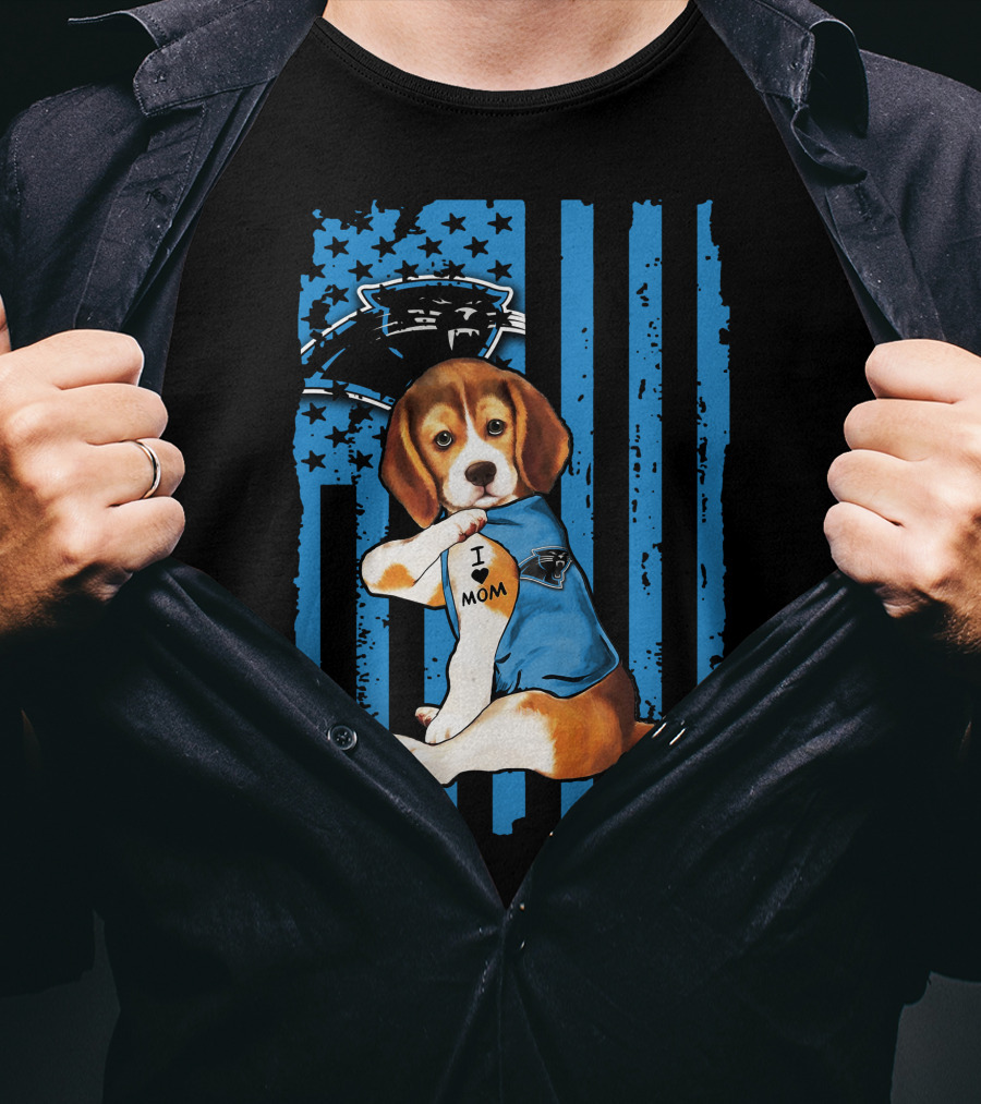 Beagle Carolina Panthers I Love Mom Tattoo American Flag T-Shirt