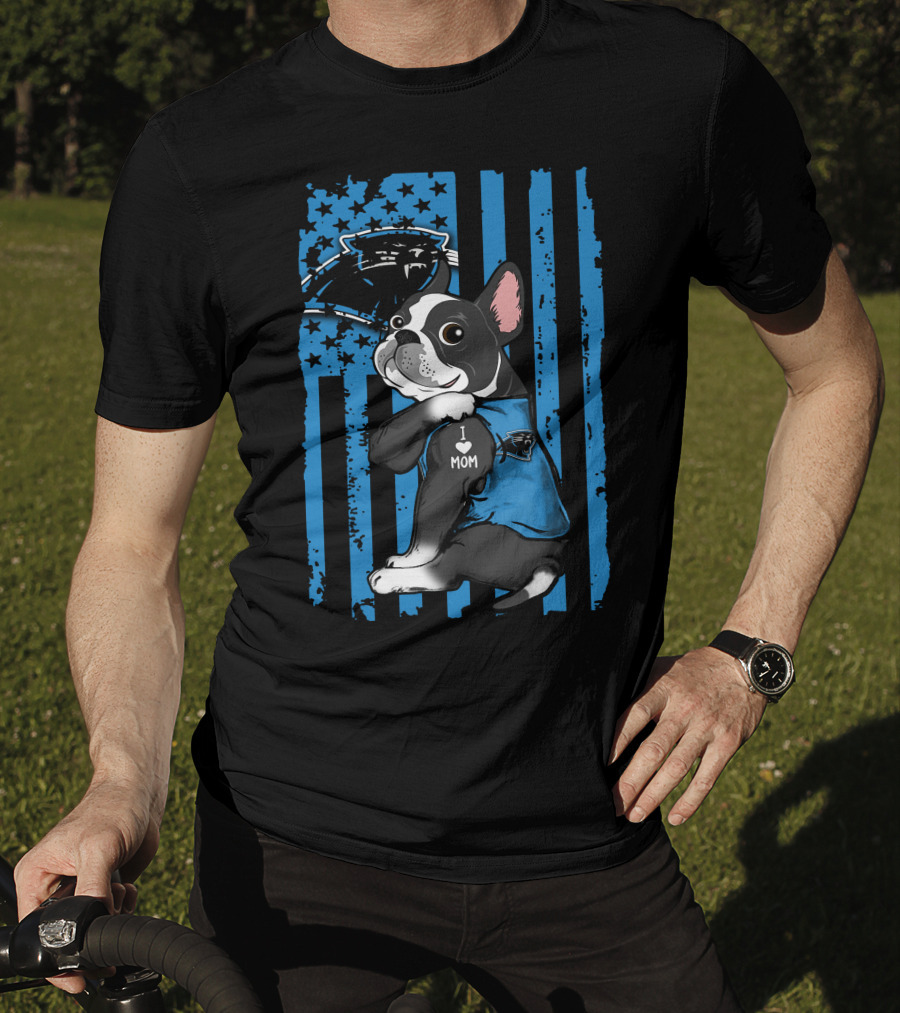 Boston Terrier I Love Mom With Carolina Panthers Blue Stripes T-Shirt