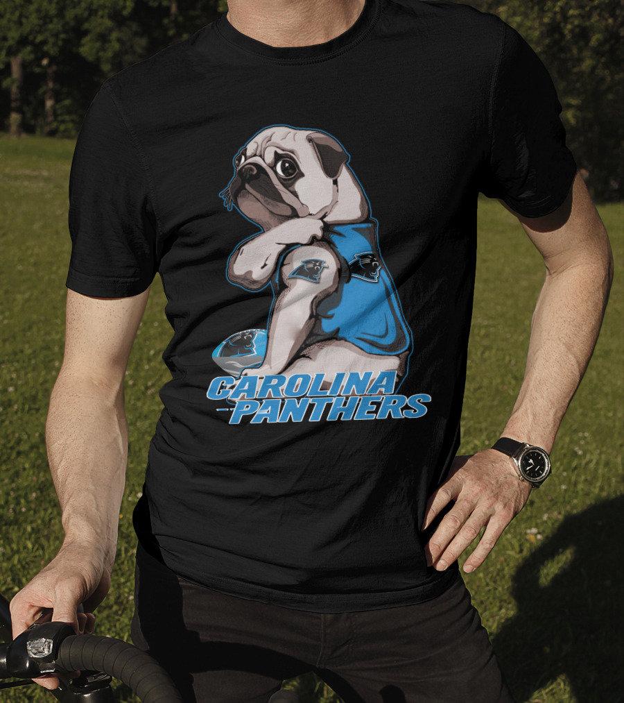 Pug Wearing Carolina Panthers Jersey With Football And Team T-Shirt