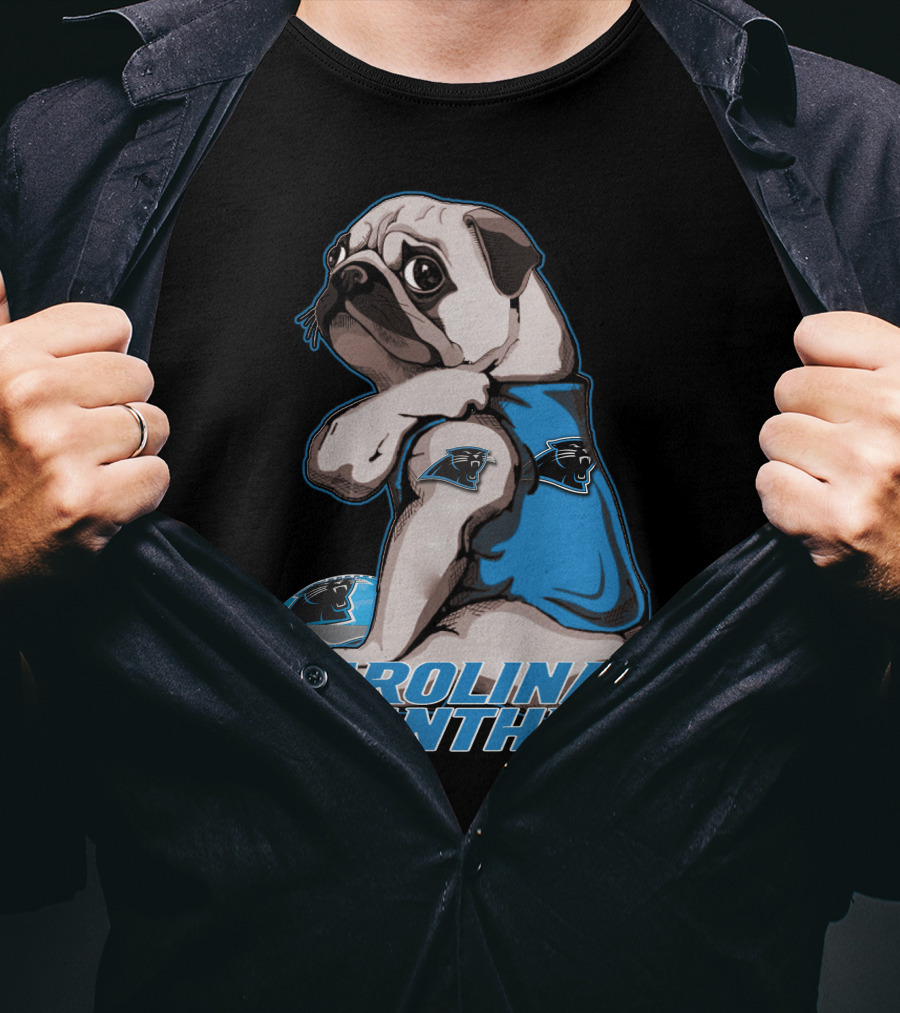 Pug Wearing Carolina Panthers Jersey With Football And Team T-Shirt