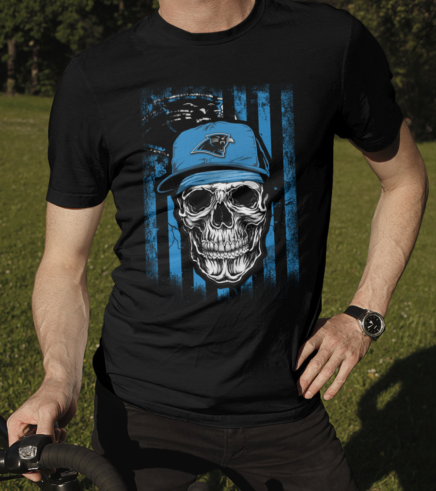 Skull Wearing Carolina Panthers Hat With Blue And Black Stripes T-Shirt