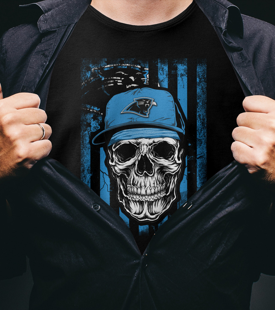 Skull Wearing Carolina Panthers Hat With Blue And Black Stripes T-Shirt