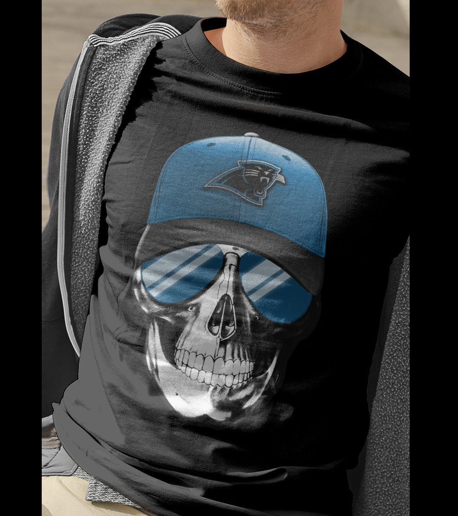 Skull With Blue Hat Featuring Carolina Panthers Logo And Reflective Sunglasses T-Shirt