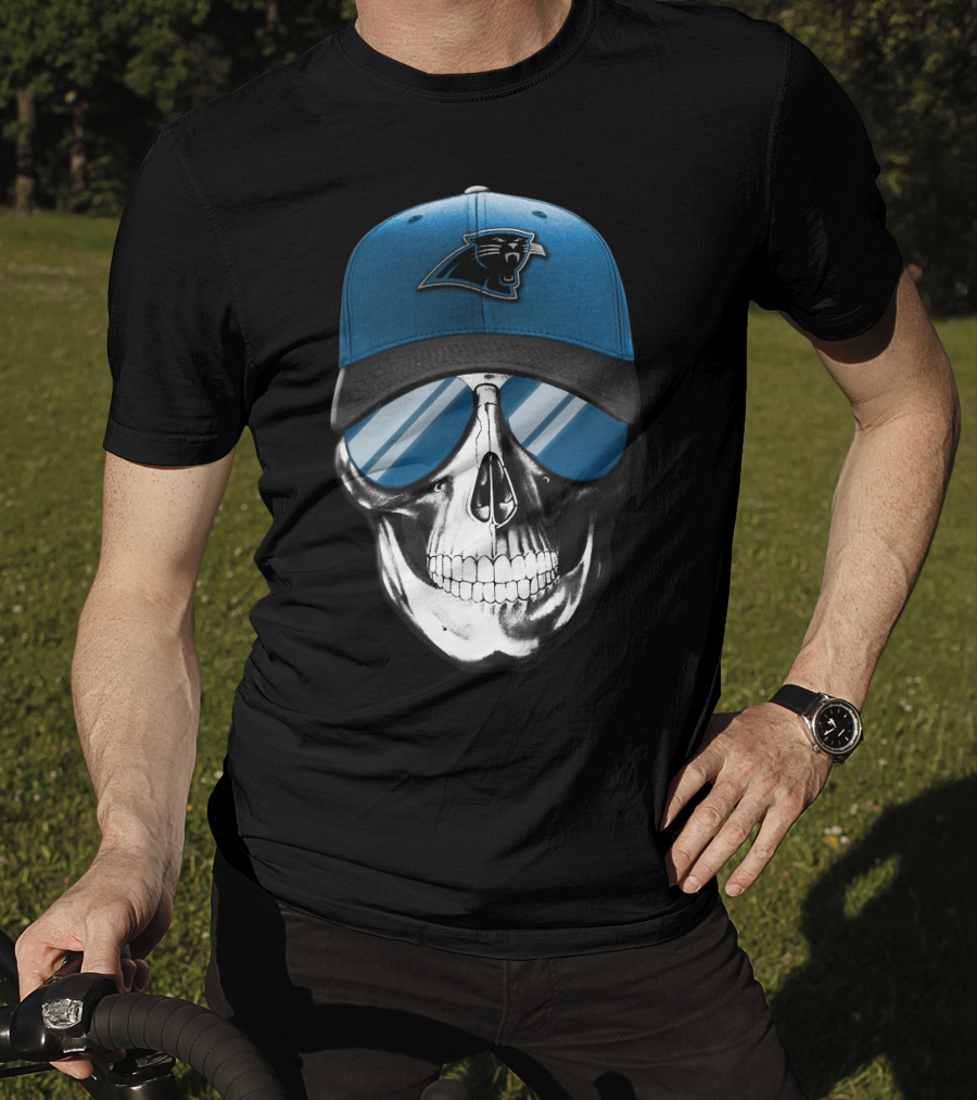 Skull With Blue Hat Featuring Carolina Panthers Logo And Reflective Sunglasses T-Shirt