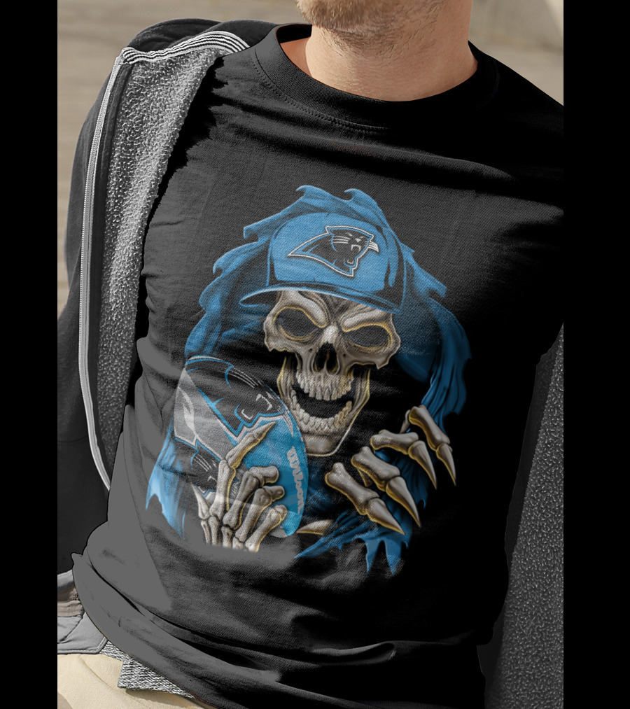 Skullbong Carolina Panthers Football Skeleton With Cap And Ball T-Shirt