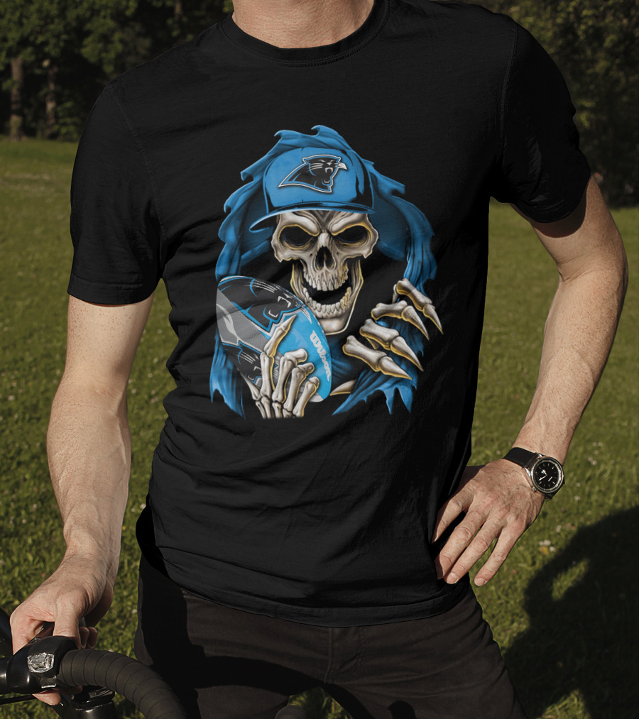 Skullbong Carolina Panthers Football Skeleton With Cap And Ball T-Shirt