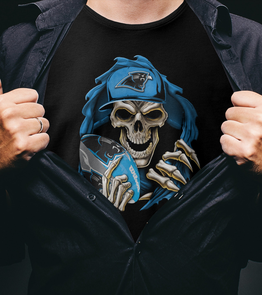 Skullbong Carolina Panthers Football Skeleton With Cap And Ball T-Shirt