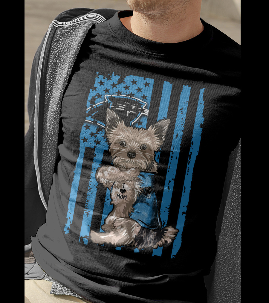 Yorkshire Terrier I Love Mom With Carolina Panthers Flag T-Shirt