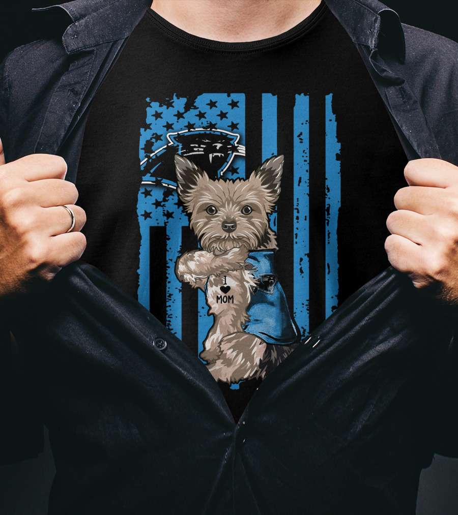 Yorkshire Terrier I Love Mom With Carolina Panthers Flag T-Shirt