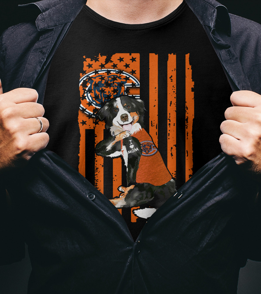 Border Collie I Love Mom Chicago Bears Orange Stripes T-Shirt