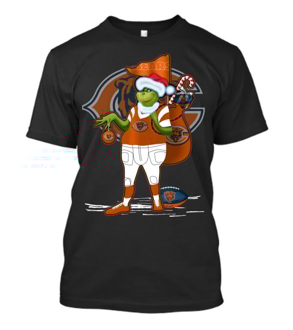 Grinchxmas Chicago Bears Santa Hat Candy Cane Football Sack T-Shirt
