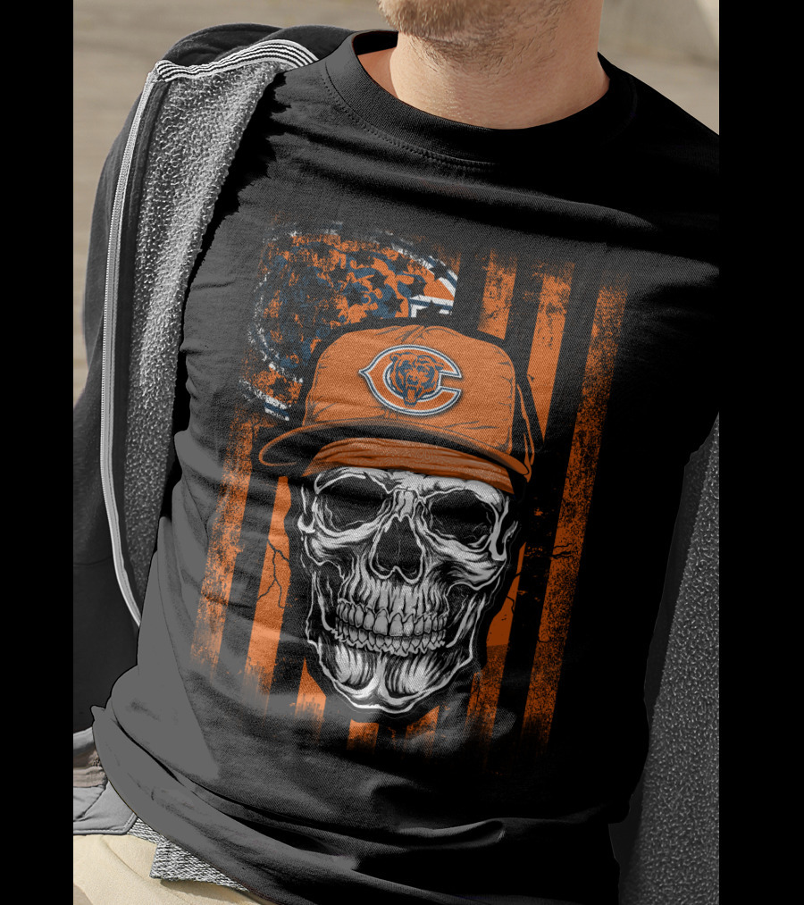 Skull Wearing Chicago Bears Cap With Orange Stripes And Logo Background T-Shirt