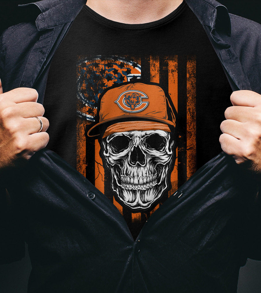 Skull Wearing Chicago Bears Cap With Orange Stripes And Logo Background T-Shirt