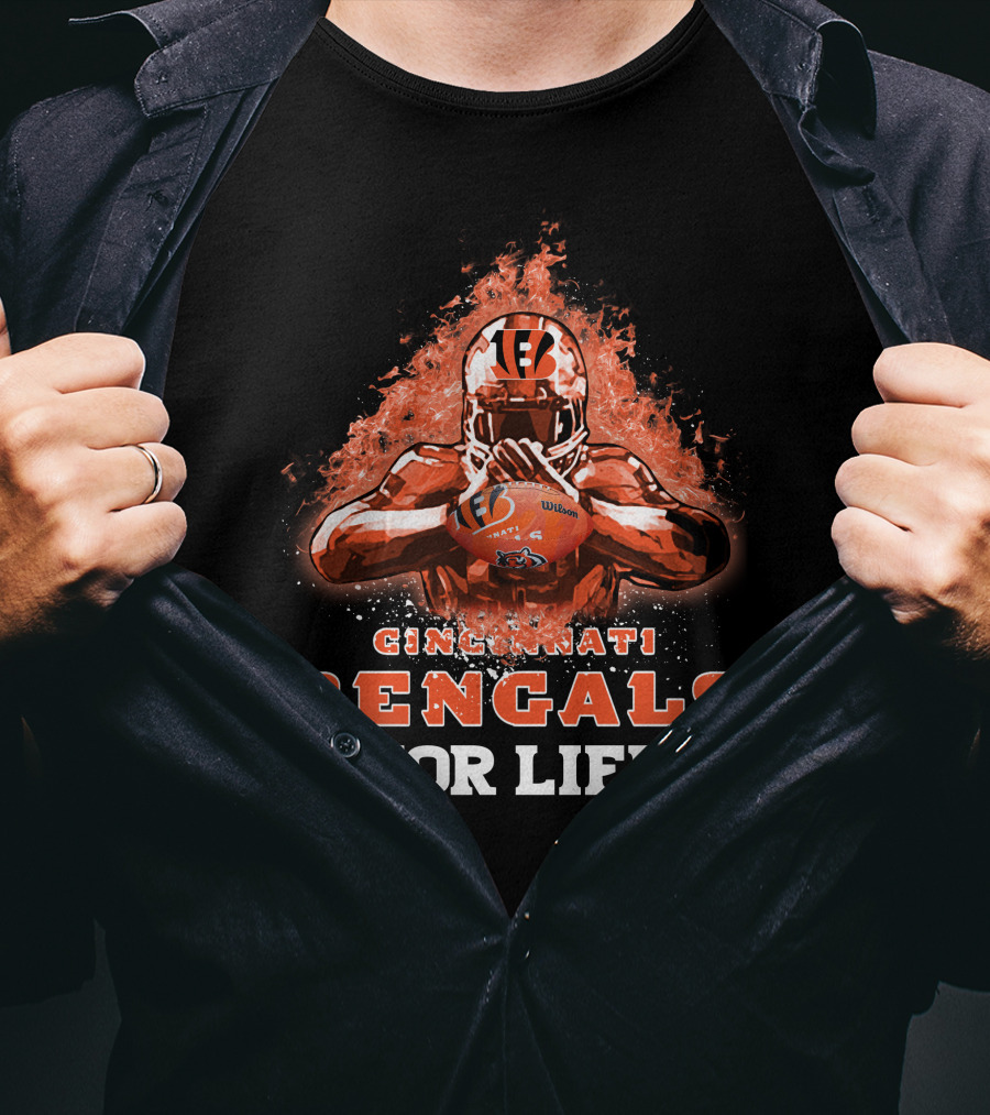 CINCINNATI BENGALS FOR LIFE Football Flame Helmet T-Shirt