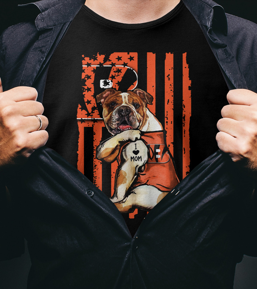 Bulldog Cincinnati Bengals I Love Mom Stripes T-Shirt