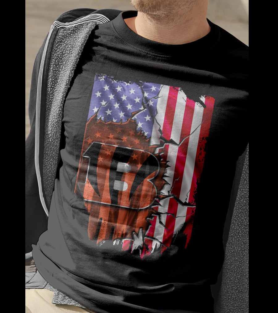 Bengals Stripes And American Flag Cincinnati Bengals 13 T-Shirt