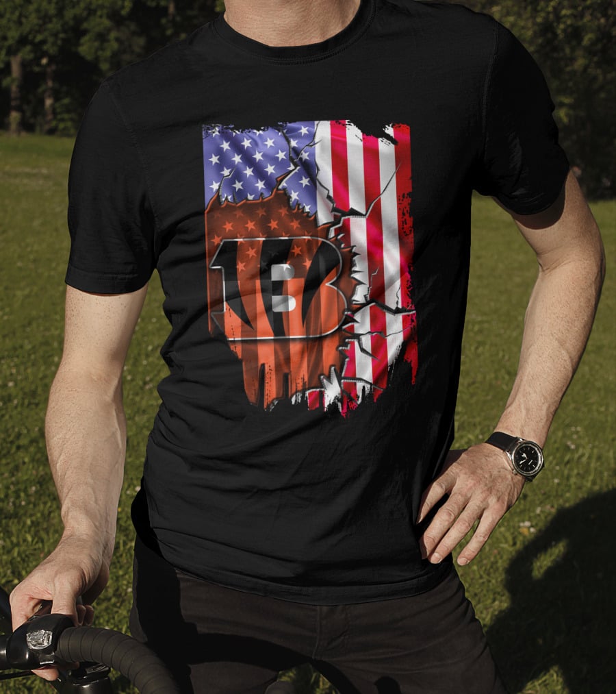 Bengals Stripes And American Flag Cincinnati Bengals 13 T-Shirt