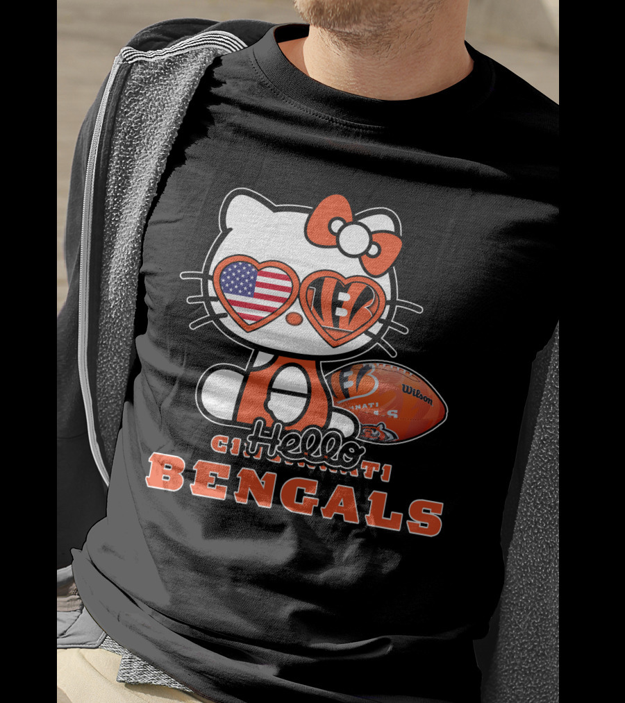 Hello Kitty Cincinnati Bengals Football Heart Glasses USA Flag T-Shirt