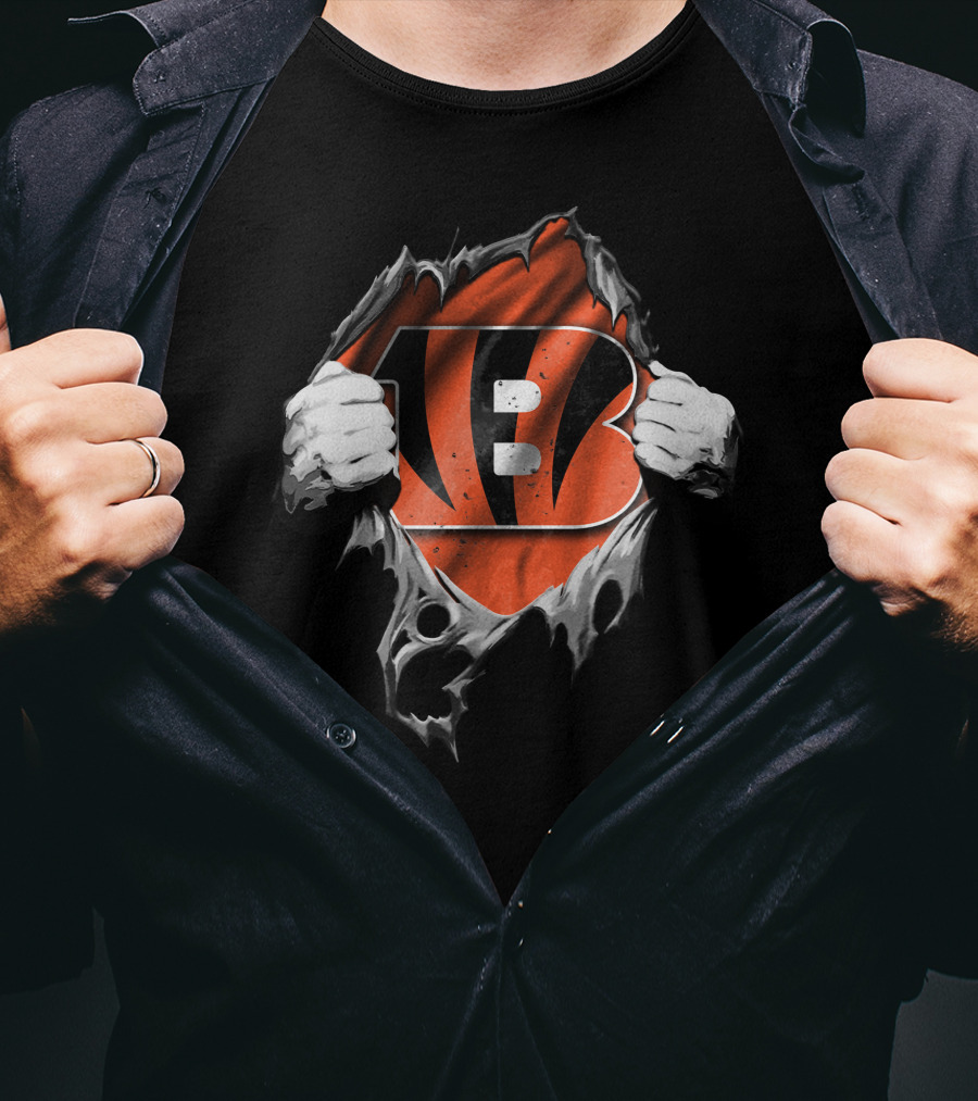 Torn Cincinnati Bengals Logo With Tiger Stripe Effect T-Shirt