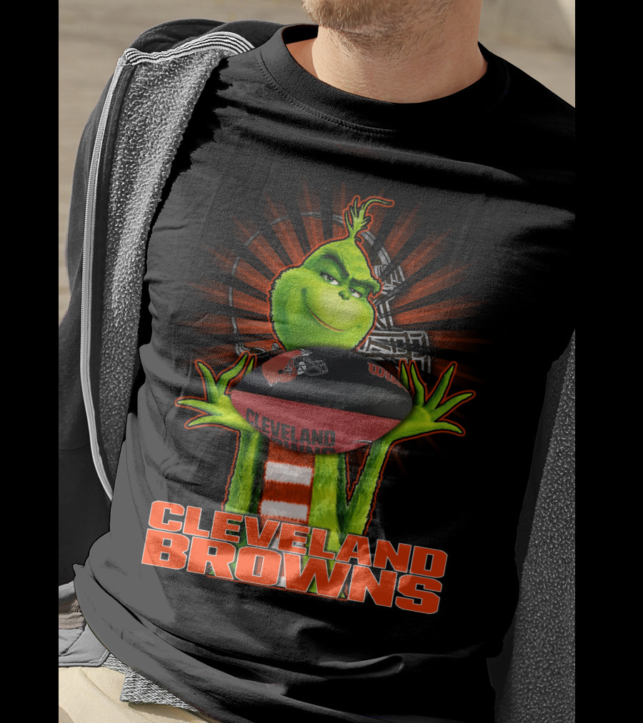 Grinch Holding Cleveland Browns Football Emblem T-Shirt