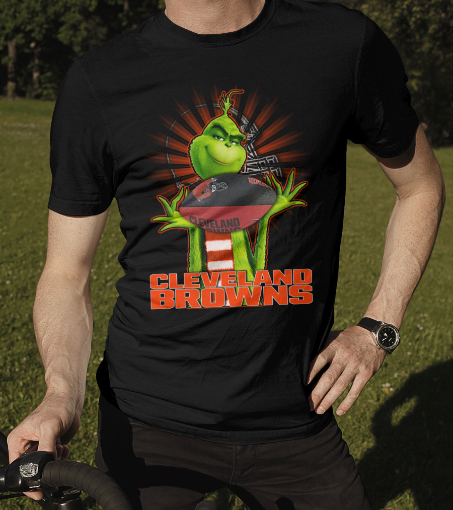 Grinch Holding Cleveland Browns Football Emblem T-Shirt