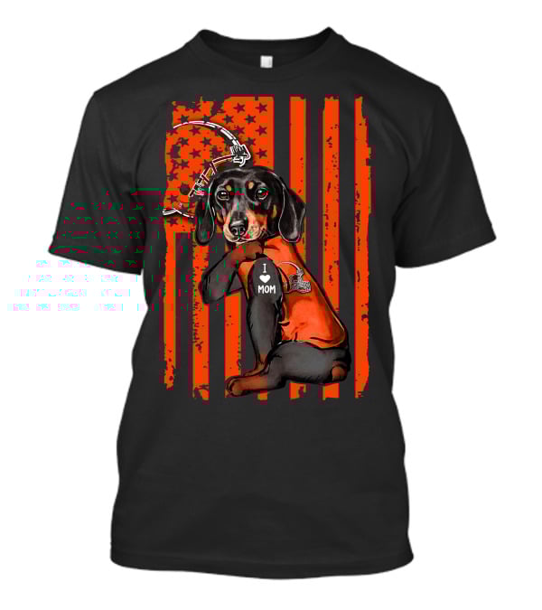 Dachshund I Love Mom Cleveland Browns Pawprint And Helmet Icon Orange USA Flag T-Shirt