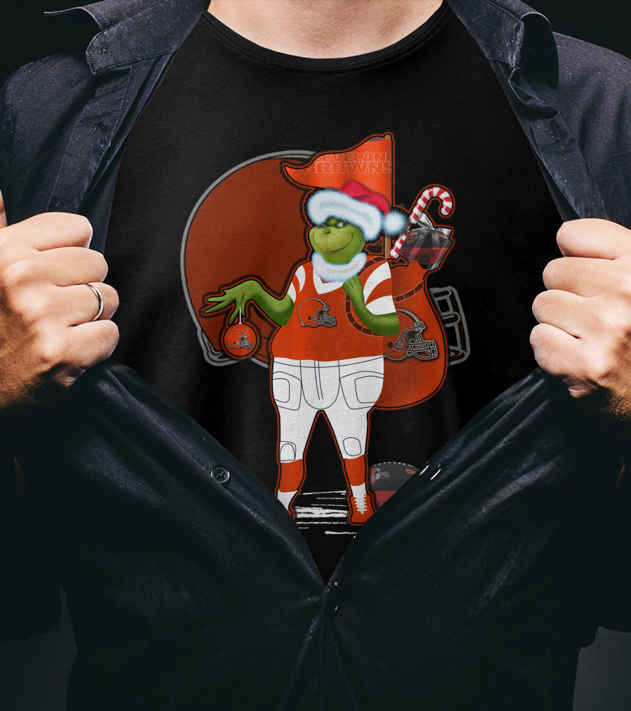 Grinchxmas Cleveland Browns Festive Football Santa With Helmet And Candy Cane T-Shirt