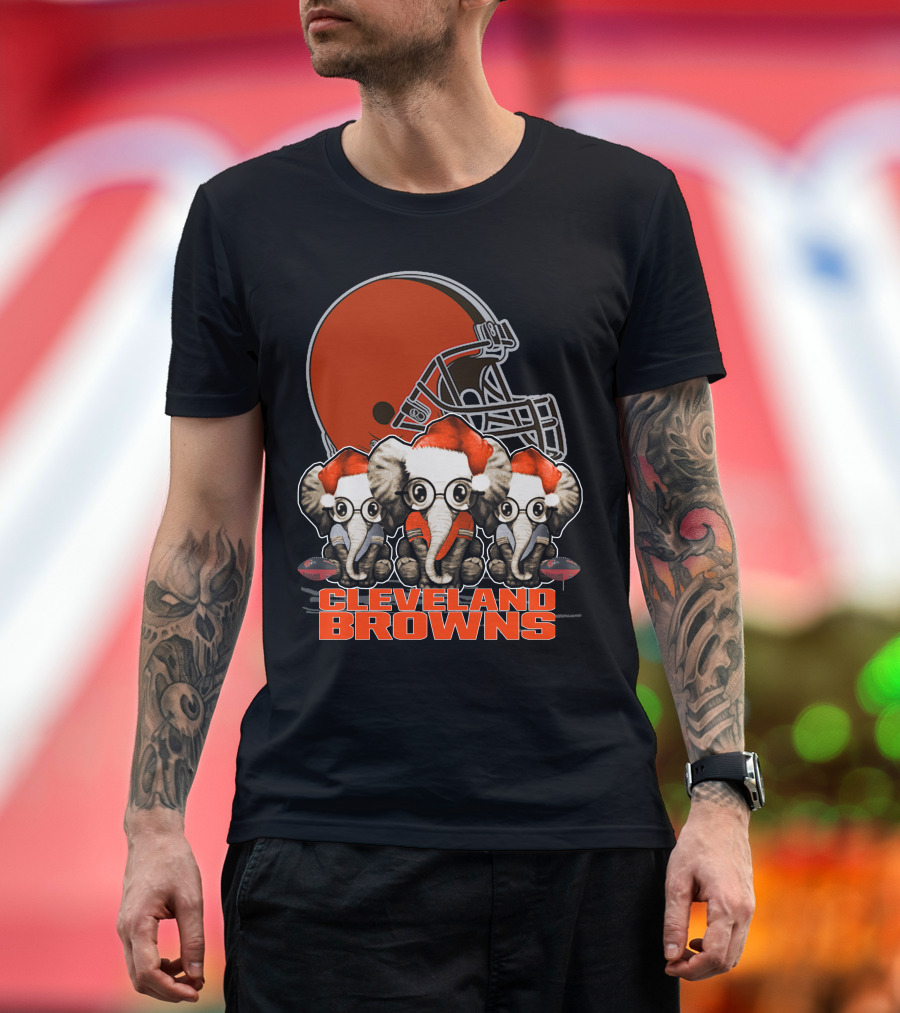 Cleveland Browns Christmas Elephants In Santa Hats Football Helmet T-Shirt