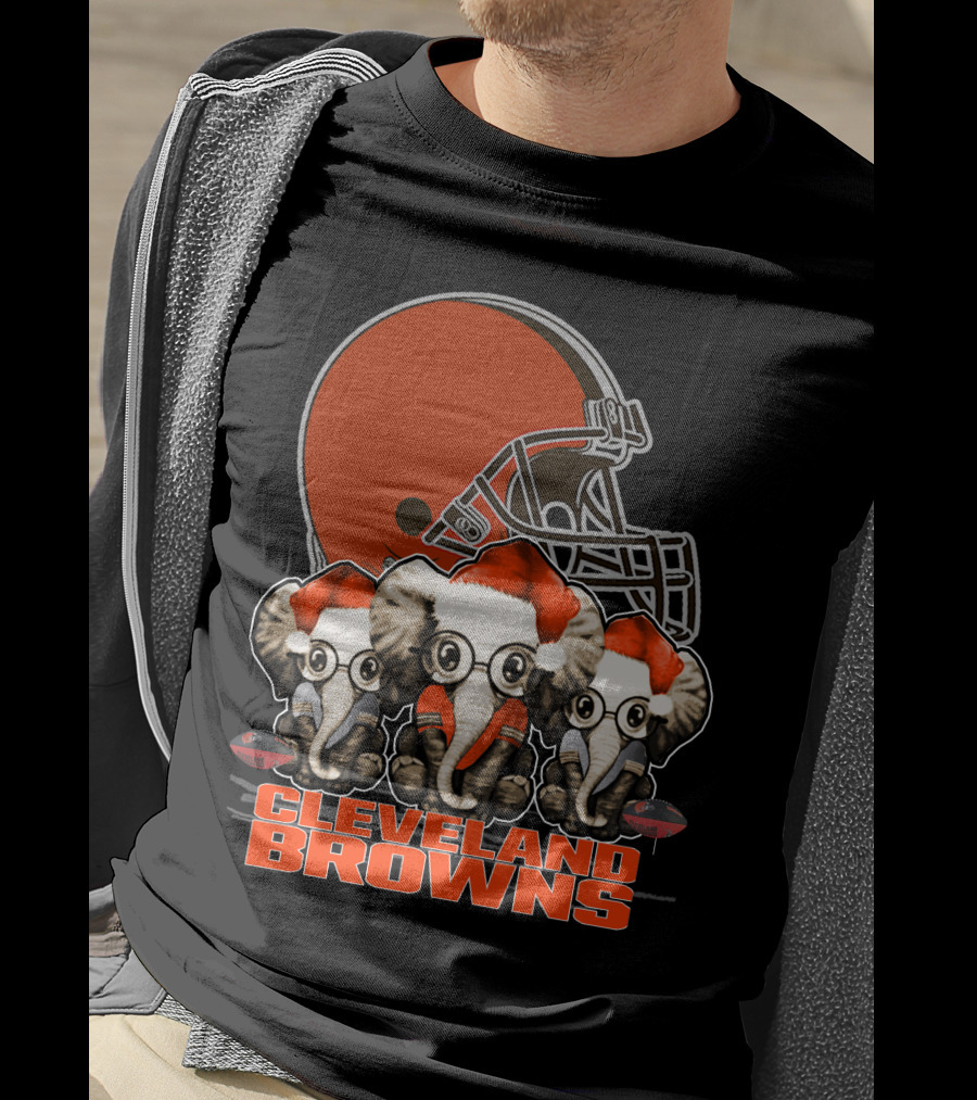 Cleveland Browns Christmas Elephants In Santa Hats Football Helmet T-Shirt