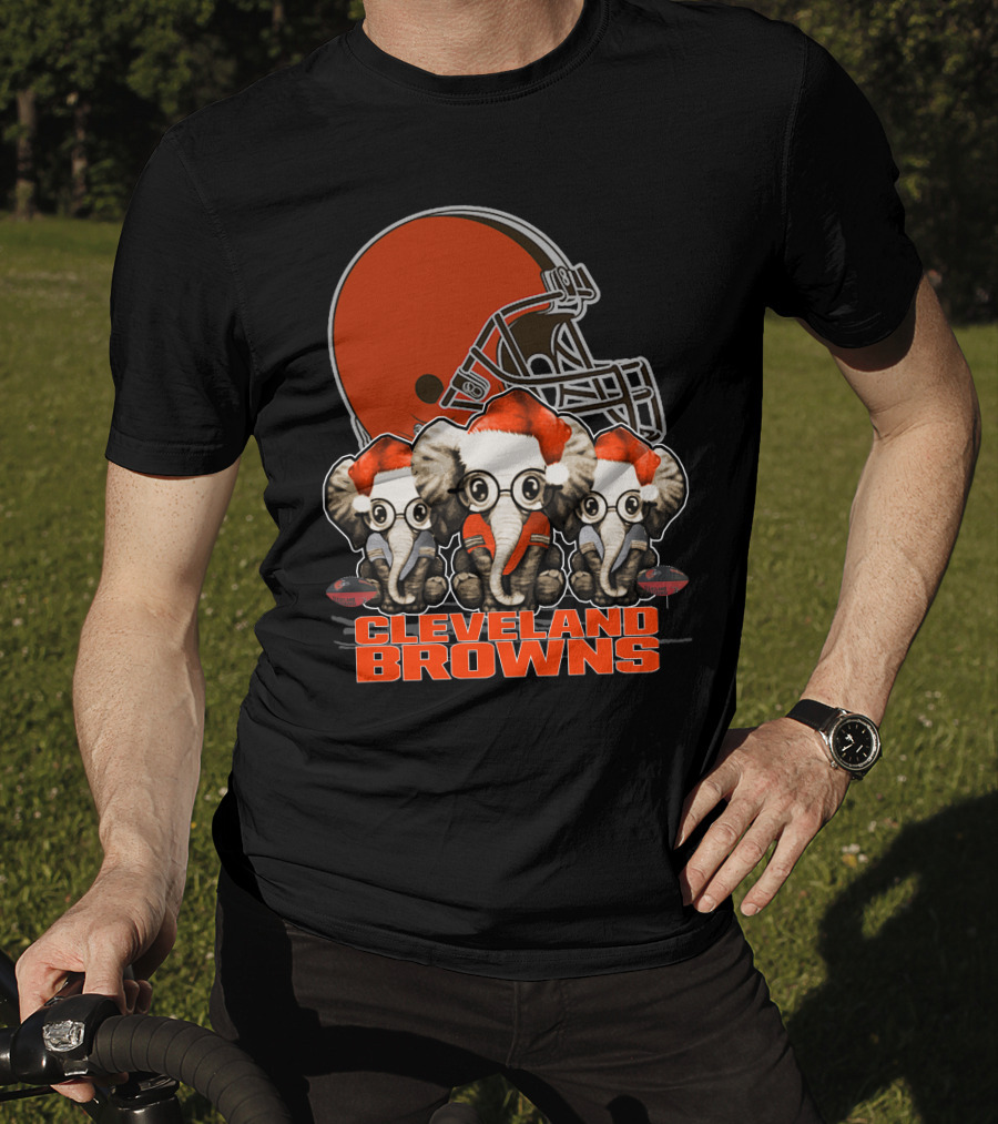 Cleveland Browns Christmas Elephants In Santa Hats Football Helmet T-Shirt