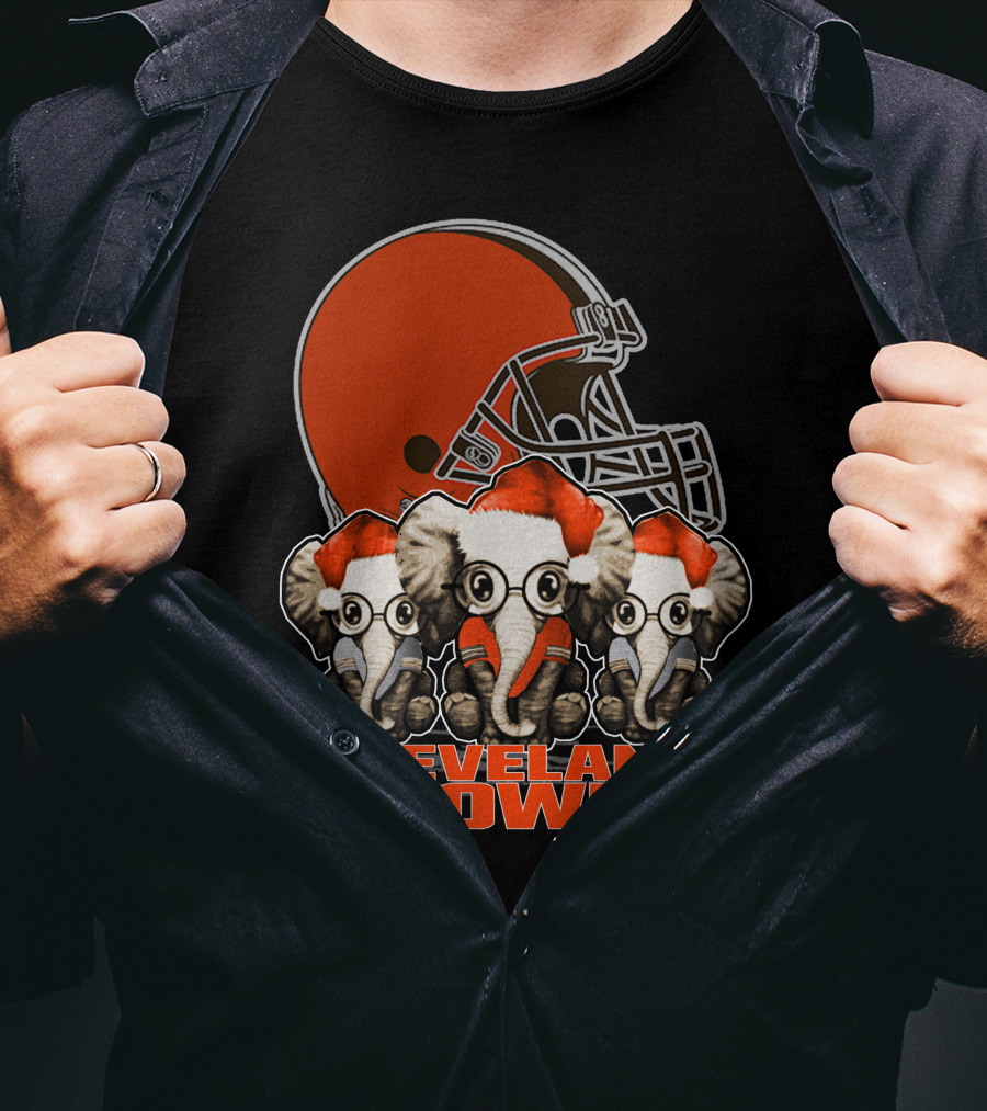 Cleveland Browns Christmas Elephants In Santa Hats Football Helmet T-Shirt