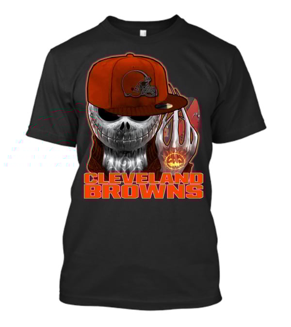 Jackskull CLEVELAND BROWNS Skull In Hat And Glowing Pumpkin Football T-Shirt