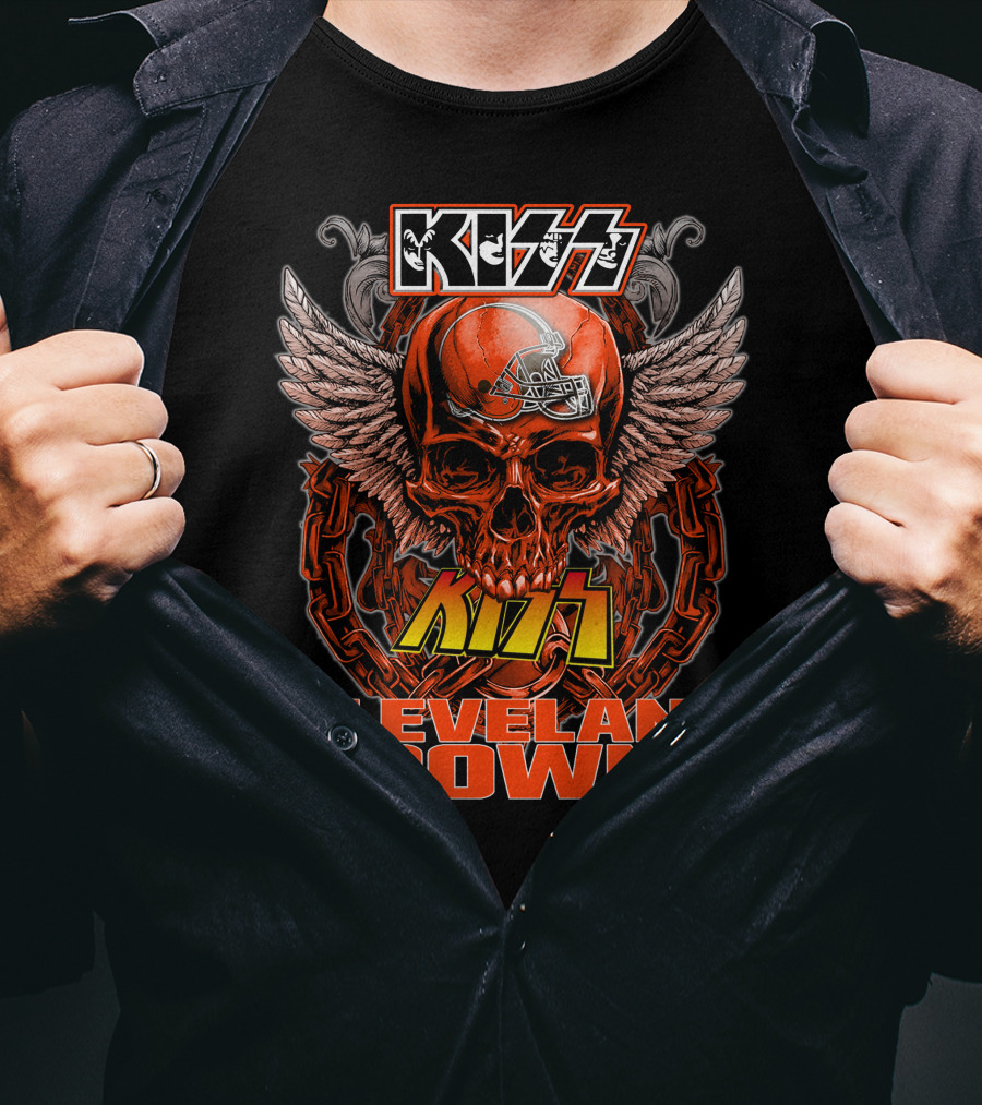 Kiss Cleveland Browns Skull Helmet Wings T-Shirt