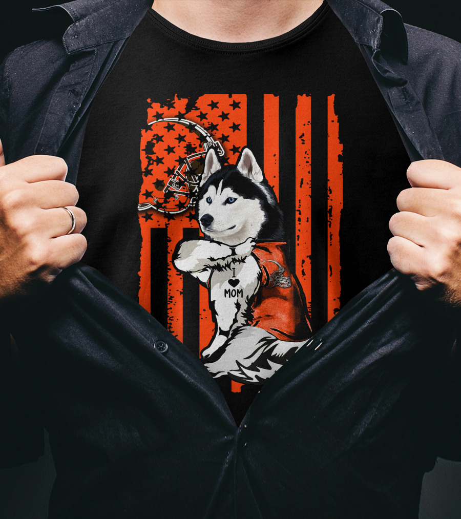 Siberian Husky With Football Helmet And Orange Flag Cleveland Browns T-Shirt