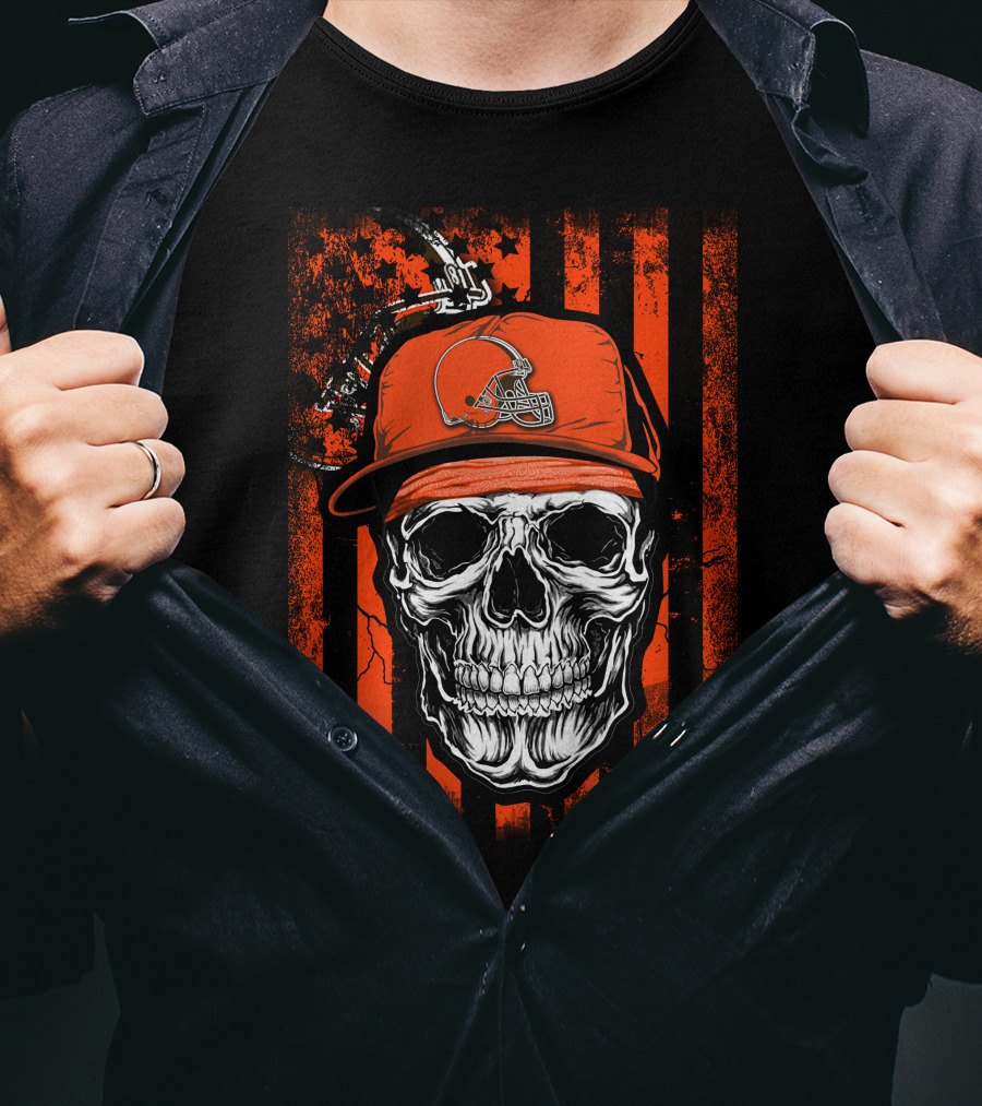 Cleveland Browns Skull Helmet Hat Orange Black Stripes T-Shirt