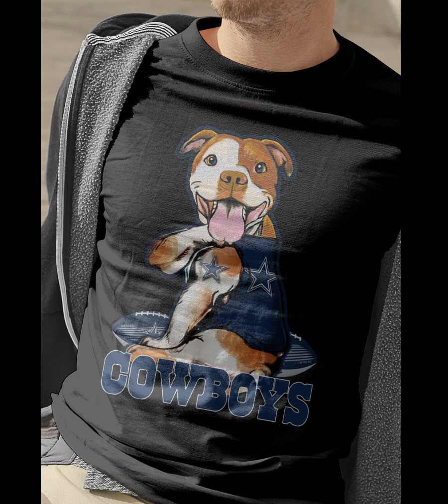 Pittbull Wearing Dallas Cowboys Jersey With Football And Star T-Shirt