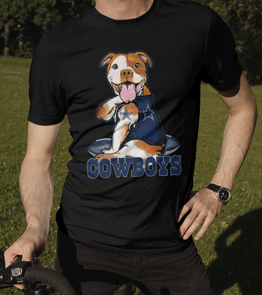 Pittbull Wearing Dallas Cowboys Jersey With Football And Star T-Shirt